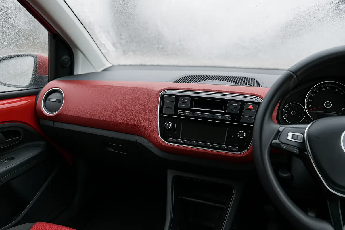 Interior view of a right-hand drive car in Melbourne winter showing car audio system and frosted windshield with red dashboard accents  Interior view of a right-hand drive car in Melbourne winter showing car audio system and frosted windshield with red dashboard accents