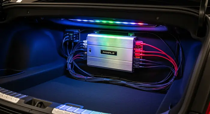 Car amplifier installed in vehicle trunk to deliver clean power for better sound Car amplifier installed in vehicle trunk to deliver clean power for better sound