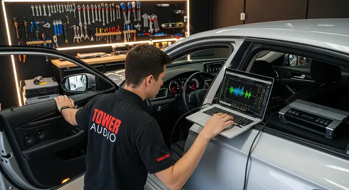 Melbourne technician professionally installing and tuning car audio system for better sound Melbourne technician professionally installing and tuning car audio system for better sound