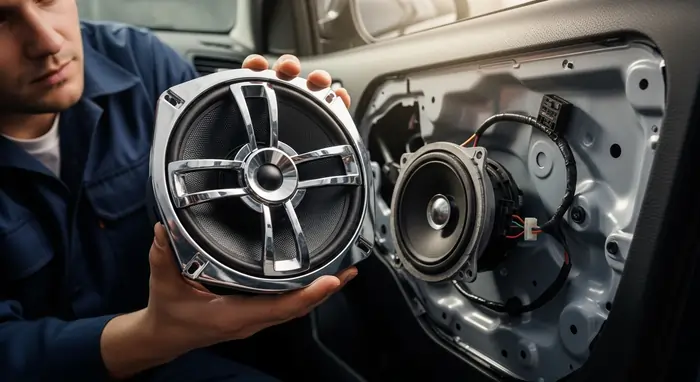 Comparing aftermarket speaker with factory car speaker during upgrade in Melbourne Comparing aftermarket speaker with factory car speaker during upgrade in Melbourne