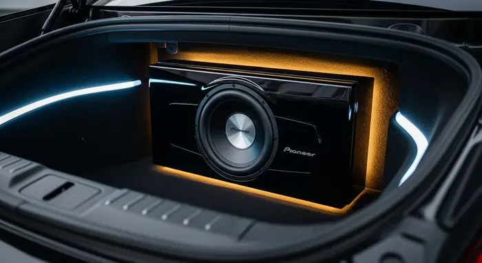 Subwoofer box in the boot of a car, stylish setup with soft lighting highlighting the cone and enclosure. Subwoofer box in the boot of a car, stylish setup with soft lighting highlighting the cone and enclosure.