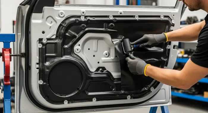 Installing sound-deadening mat in car door to reduce noise and improve audio clarity Installing sound-deadening mat in car door to reduce noise and improve audio clarity