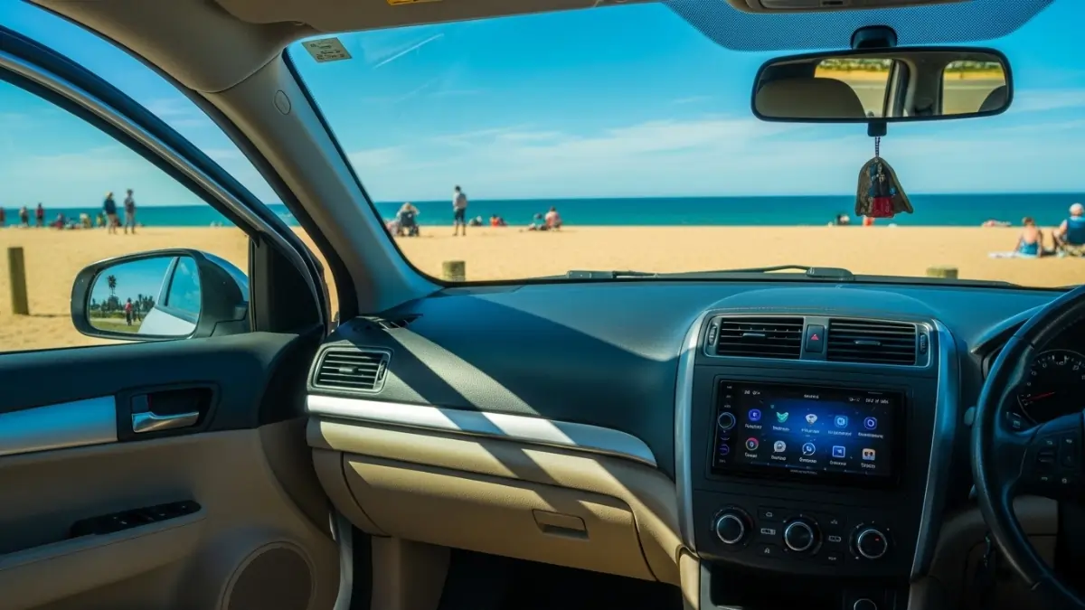 Car parked near a Melbourne beach in spring with upgraded car stereo and clear blue sky Car parked near a Melbourne beach in spring with upgraded car stereo and clear blue sky